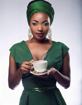 pretty young woman drinking green tea, AI generated image