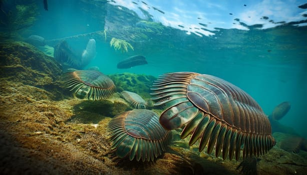 prehistoric trilobites under sea water, AI generated image