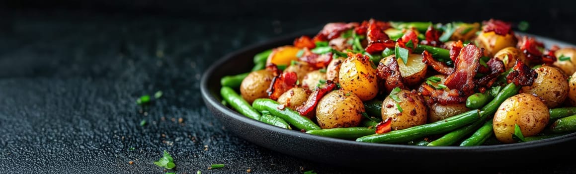 Rustic country-style dish with roasted new potatoes in a plate, tender green beans and crispy bacon bits. AI generative.