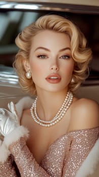 Blonde woman with pearl necklace and 1960s outfit AI generative.