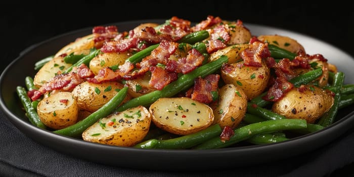 Rustic country-style dish with roasted new potatoes in a plate, tender green beans and crispy bacon bits. AI generative.
