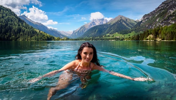 pretty young swimming woman in mountain lake, AI generated image