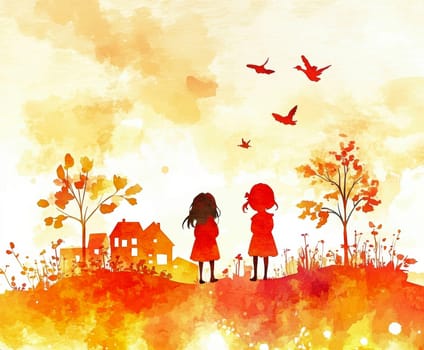 Little girls playing in the garden,in the sky birds and in the distance you can see the house.AI generative.