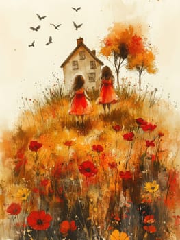 Little girls playing in the garden,in the sky birds and in the distance you can see the house.AI generative.