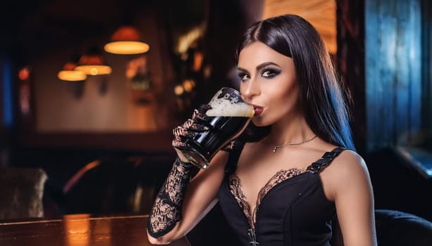 pretty young goth woman drinking beer in a pub, AI generated image