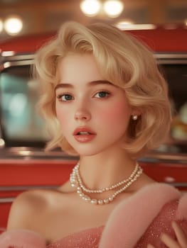 Blonde woman with pearl necklace and 1960s outfit AI generative.