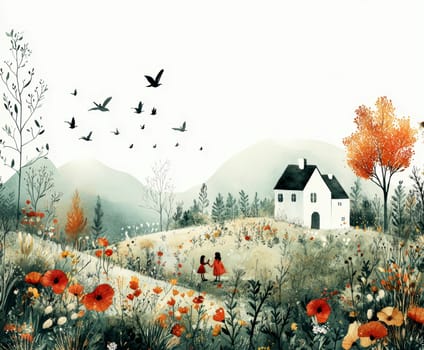 Little girls playing in the garden,in the sky birds and in the distance you can see the house.AI generative.