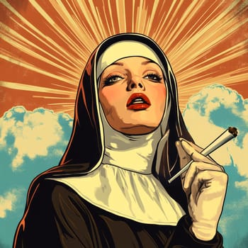 Woman dressed as nun smoking marijuana. AI generative.