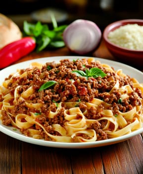 fettuccine with beautifully browned ground beef. AI generative.