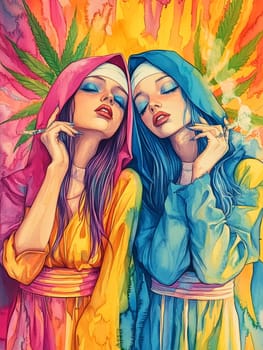 Woman dressed as nun smoking marijuana. AI generative.