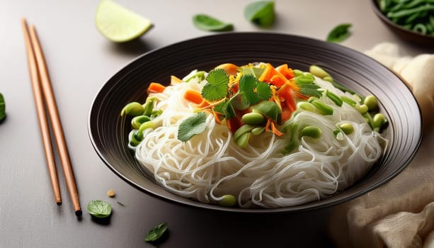 asian rice noodles with shiitake mushrooms and vegetables, AI generated image