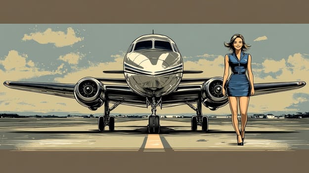a young, beautiful flight attendant in a sweet, classic blue uniform with a slightly short dress, smiling next to the aircraft. AI generative.
