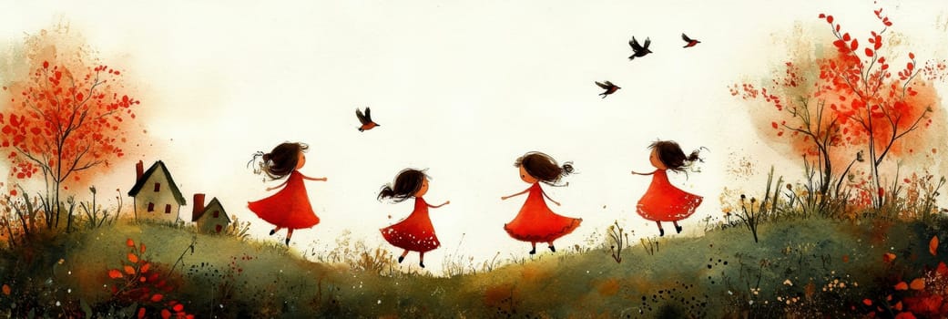 Little girls playing in the garden,in the sky birds and in the distance you can see the house.AI generative.