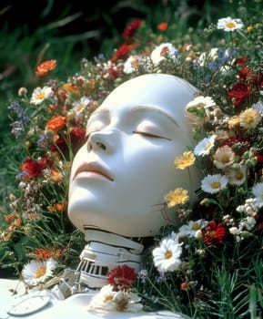 a robot, the robot lies on a green meadow with flowers. AI generative.