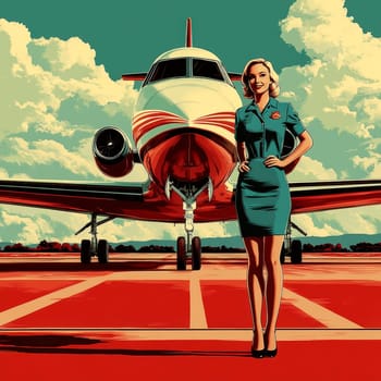 a young, beautiful flight attendant in a sweet, classic blue uniform with a slightly short dress, smiling next to the aircraft. AI generative.