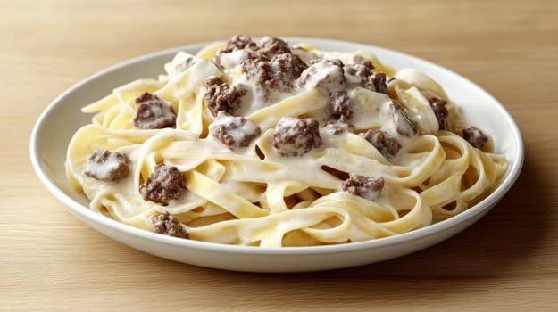 fettuccine with beautifully browned ground beef. AI generative.