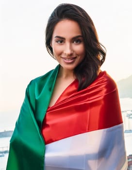 pretty young woman wrapped in flag of Italy, AI generated image