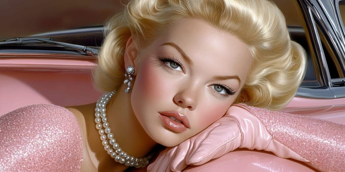 Blonde woman with pearl necklace and 1960s outfit AI generative.
