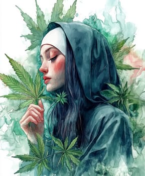 Woman dressed as nun smoking marijuana. AI generative.