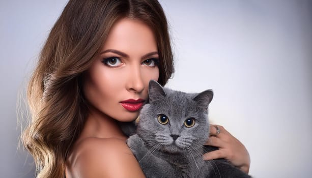 pretty young woman with a cat, AI generated image