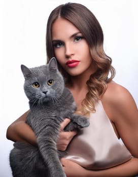 pretty young woman with a cat, AI generated image