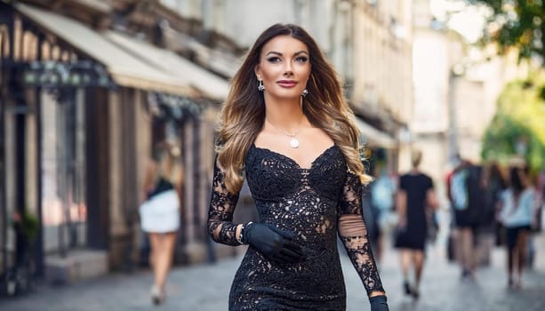 pretty young woman in black lace dress walking down the street, AI generated image