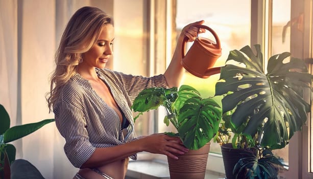 pretty young woman watering houseplants, AI generated image