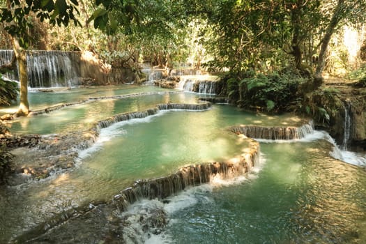 Emerald green water in the many pools of the Kuang Si Falls, Waterfalls, close to Luang Prabang, Laos 2023