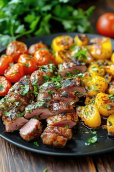 cooked duck breast, accompanied by a variety of caramelized vegetables. AI generative.