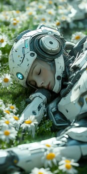 a robot, the robot lies on a green meadow with flowers. AI generative.