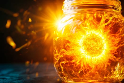 The sun in a jar, bursting with warm radiating glow. Concept of sun power energy. AI generated