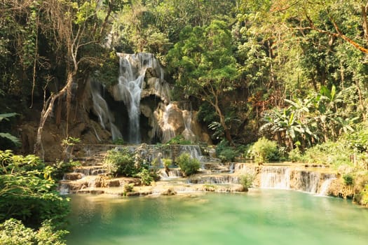 The Kuang Si Fall, Waterfall with its emerald green water, close to Luang Prabang, Laos 2023