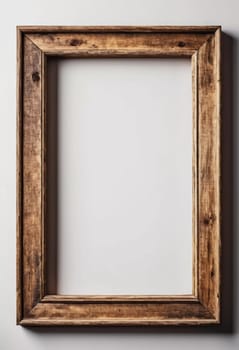 Rustic wooden frame features beautiful carvings and a weathered finish designed to hold art photographs set against clean white backdrop. A frame with intricate details against a white background. AI