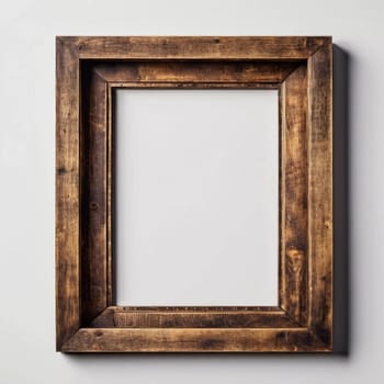 Rustic wooden frame features beautiful carvings and a weathered finish designed to hold art photographs set against clean white backdrop. A frame with intricate details against a white background. AI