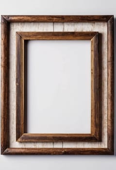 Rustic wooden frame features beautiful carvings and a weathered finish designed to hold art photographs set against clean white backdrop. A frame with intricate details against a white background. AI