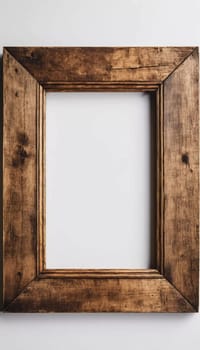 Rustic wooden frame features beautiful carvings and a weathered finish designed to hold art photographs set against clean white backdrop. A frame with intricate details against a white background. AI