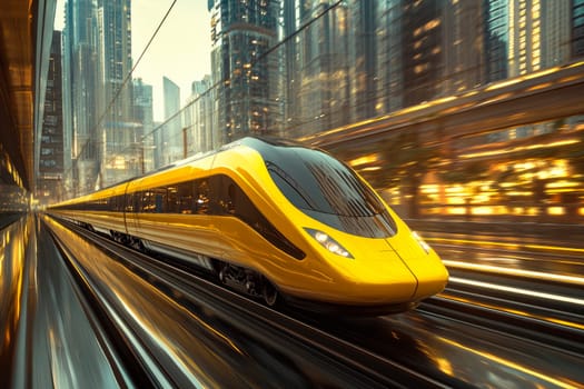 High-speed futuristic passenger train moving at the modern city. AI generated