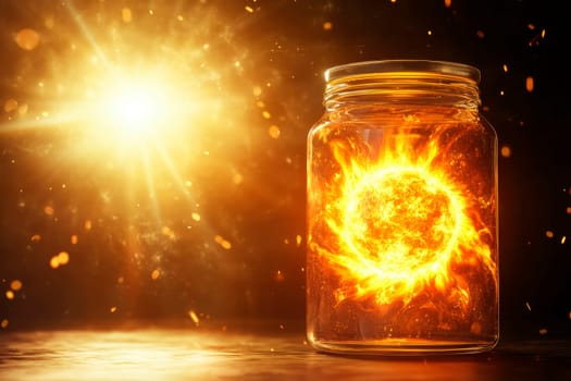 The sun in a jar, bursting with warm radiating glow. Concept of sun power energy. AI generated