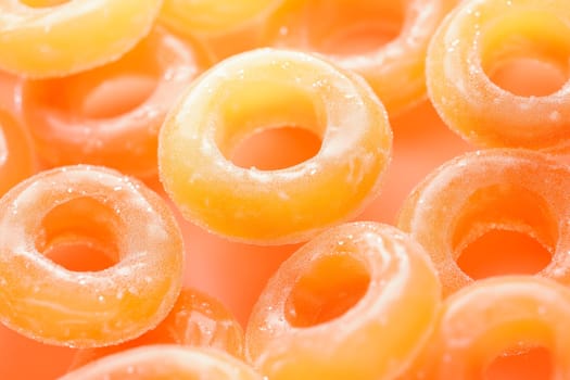 Sweet gummy rings with sugar coating. Close up view. AI generated