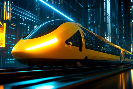 High-speed futuristic passenger train moving at the night city. AI generated