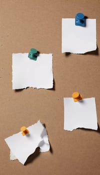 A piece of vintage blank note paper is secured with tape to a textured brown surface, ideal for business communications or reminders, conveying an old-fashioned office style. Generative AI.