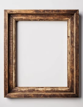 Rustic wooden frame features beautiful carvings and a weathered finish designed to hold art photographs set against clean white backdrop. A frame with intricate details against a white background. AI