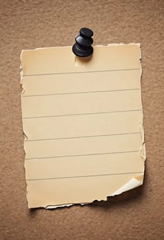 A piece of vintage blank note paper is secured with tape to a textured brown surface, ideal for business communications or reminders, conveying an old-fashioned office style. Generative AI.