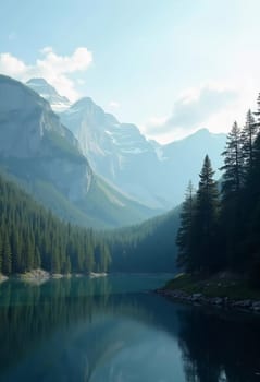 A peaceful view unfolds with towering spruce trees framing majestic mountains bathed in soft morning light. Lush green forest descends into a misty valley, creating a serene atmosphere. Generative AI