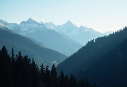 A peaceful view unfolds with towering spruce trees framing majestic mountains bathed in soft morning light. Lush green forest descends into a misty valley, creating a serene atmosphere. Generative AI