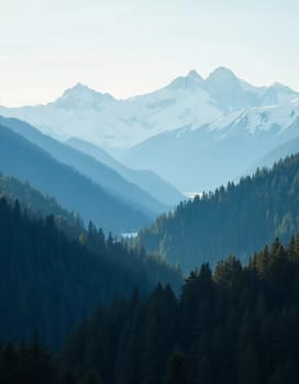 A peaceful view unfolds with towering spruce trees framing majestic mountains bathed in soft morning light. Lush green forest descends into a misty valley, creating a serene atmosphere. Generative AI