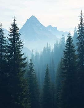 A peaceful view unfolds with towering spruce trees framing majestic mountains bathed in soft morning light. Lush green forest descends into a misty valley, creating a serene atmosphere. Generative AI