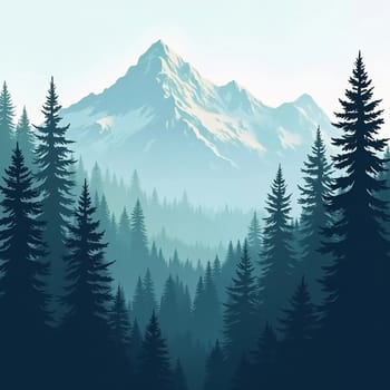A peaceful view unfolds with towering spruce trees framing majestic mountains bathed in soft morning light. Lush green forest descends into a misty valley, creating a serene atmosphere. Generative AI