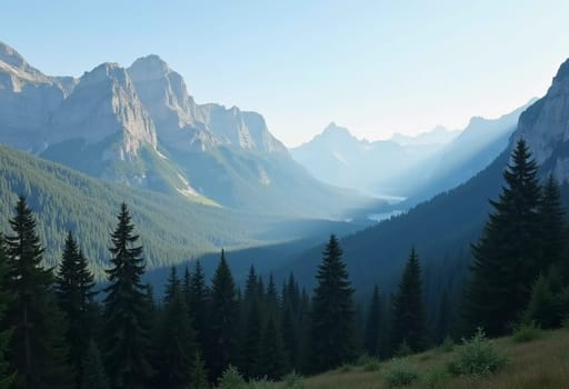 A peaceful view unfolds with towering spruce trees framing majestic mountains bathed in soft morning light. Lush green forest descends into a misty valley, creating a serene atmosphere. Generative AI