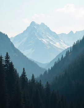 A peaceful view unfolds with towering spruce trees framing majestic mountains bathed in soft morning light. Lush green forest descends into a misty valley, creating a serene atmosphere. Generative AI